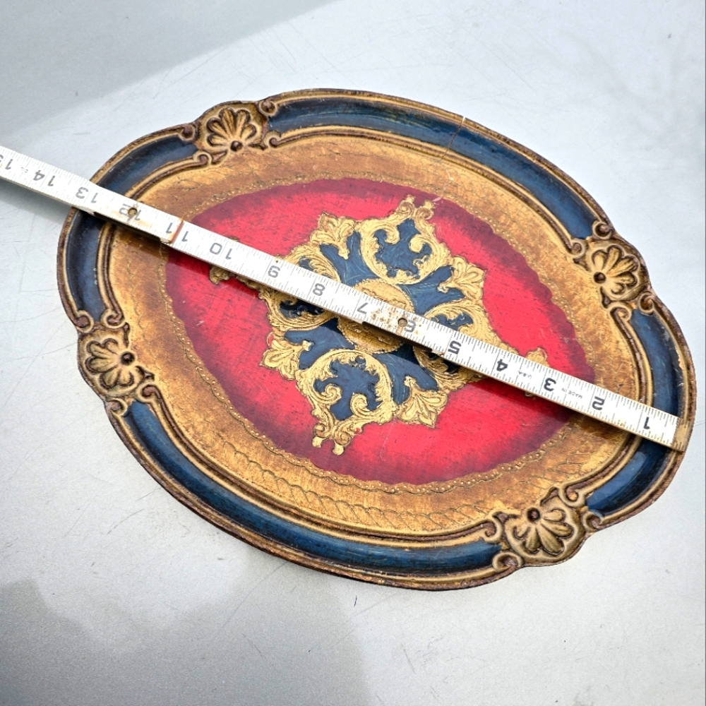 ViNTAGE Italy Florentine Hand Painted Wooden Tray - Red Gold Black 13" *flaw